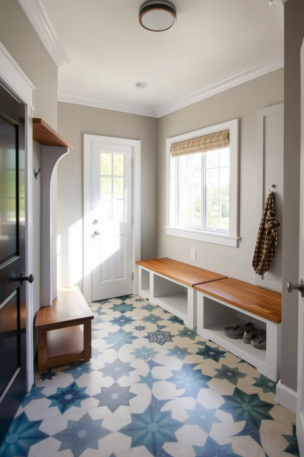 A contemporary mudroom features unique tile patterns on the floor that create an inviting and functional space. The walls are painted in a soft gray, complemented by built-in wooden benches and hooks for storage. The flooring showcases an eye-catching geometric tile design in shades of blue and white. Natural light floods the area through a large window, enhancing the overall aesthetic.