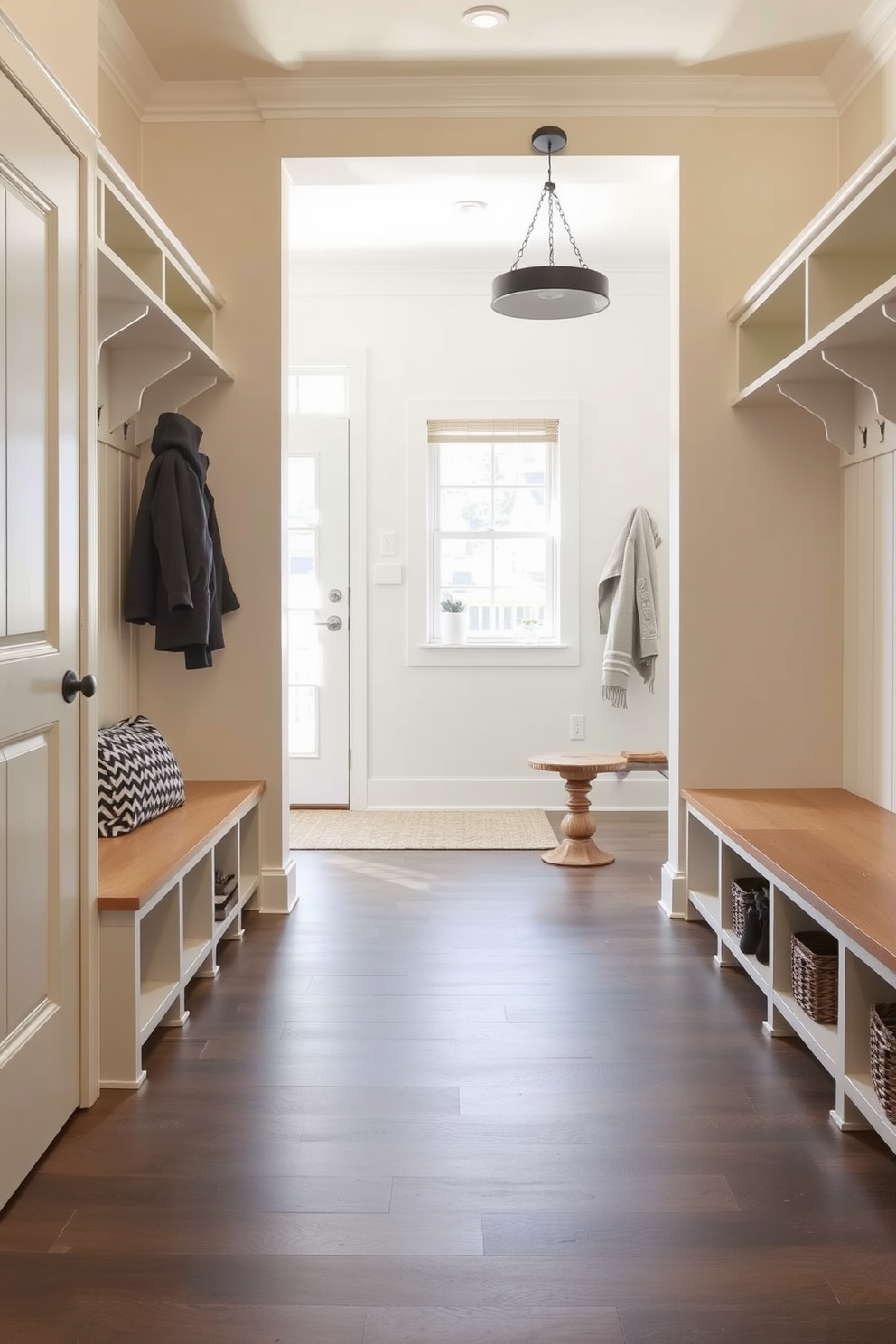 A contemporary mudroom features durable flooring designed to withstand high traffic while maintaining aesthetic appeal. The space includes built-in storage benches and hooks for easy organization, with a color palette that complements the overall home design.