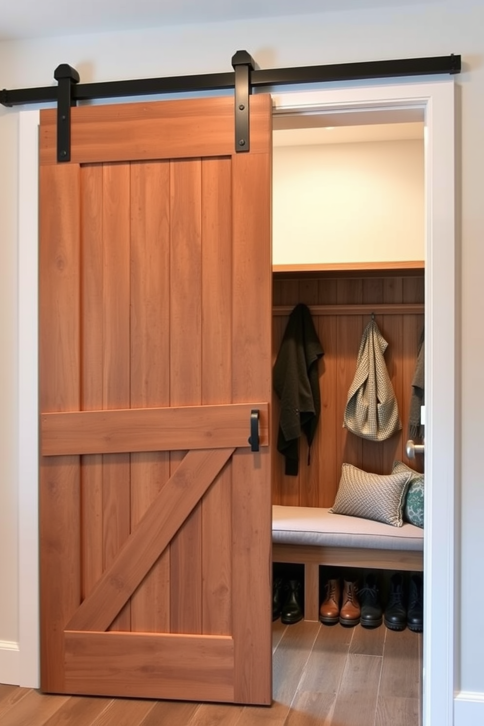 A contemporary mudroom featuring a sliding barn door entrance with a rustic finish. Inside, there are built-in wooden benches with plush cushions and ample storage for shoes and outdoor gear.