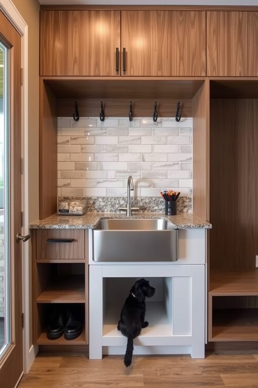 A contemporary mudroom featuring rustic wood accents and modern finishes. The space includes a built-in bench made of reclaimed wood, paired with sleek metal hooks for hanging coats and bags. The flooring is a combination of large ceramic tiles and a cozy area rug. Natural light floods the area through a large window, highlighting the blend of rustic charm and contemporary style.