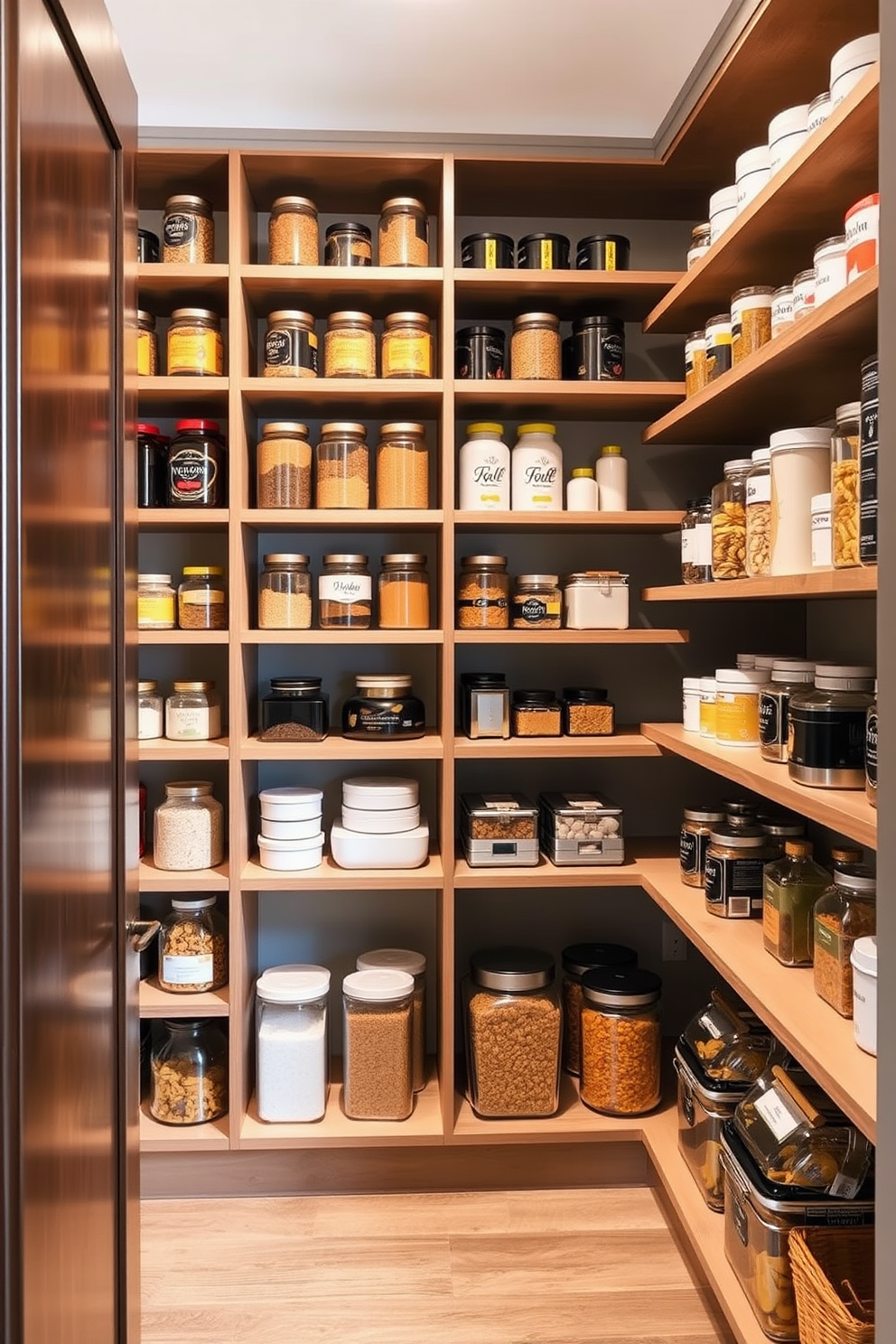 Open shelving displays an array of glass containers showcasing colorful ingredients and pantry essentials. The shelves are crafted from light wood, creating a warm contrast against the sleek white walls. A minimalist design features a large island in the center adorned with fresh herbs and a stylish fruit bowl. Soft pendant lighting hangs above, illuminating the space and enhancing the inviting atmosphere.