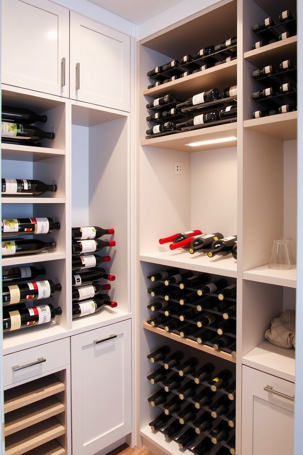 A contemporary pantry featuring built-in wine racks for convenient access. The design includes sleek cabinetry with a combination of open shelves and closed storage to maintain a clean aesthetic.