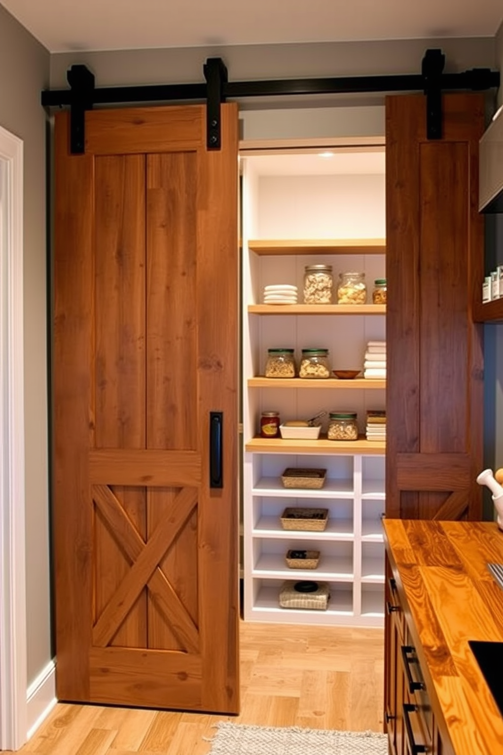 A contemporary pantry featuring sliding barn doors adds rustic charm to the space. The interior is organized with open shelving, glass jars, and a wooden countertop for food preparation.