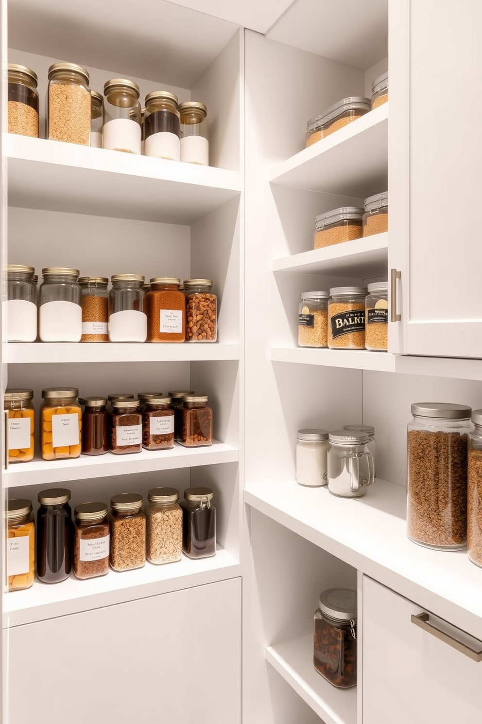 A contemporary pantry featuring corner shelving to maximize space. The shelves are made of sleek white wood with a glossy finish, showcasing organized jars and containers in uniform sizes.