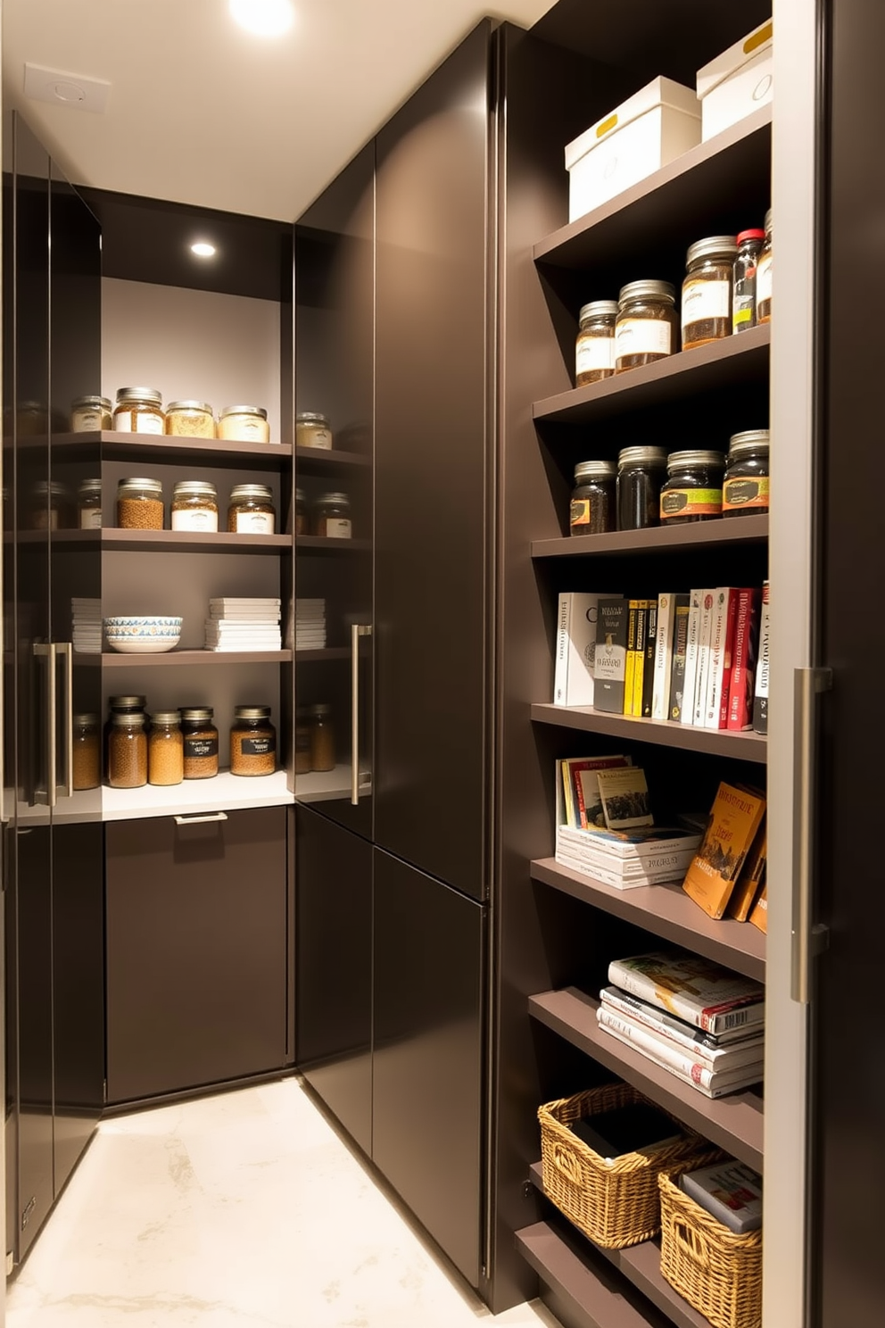 A contemporary pantry design featuring a mix of open and closed storage solutions. The space includes sleek cabinetry with a glossy finish alongside open shelving displaying neatly organized jars and cookbooks.