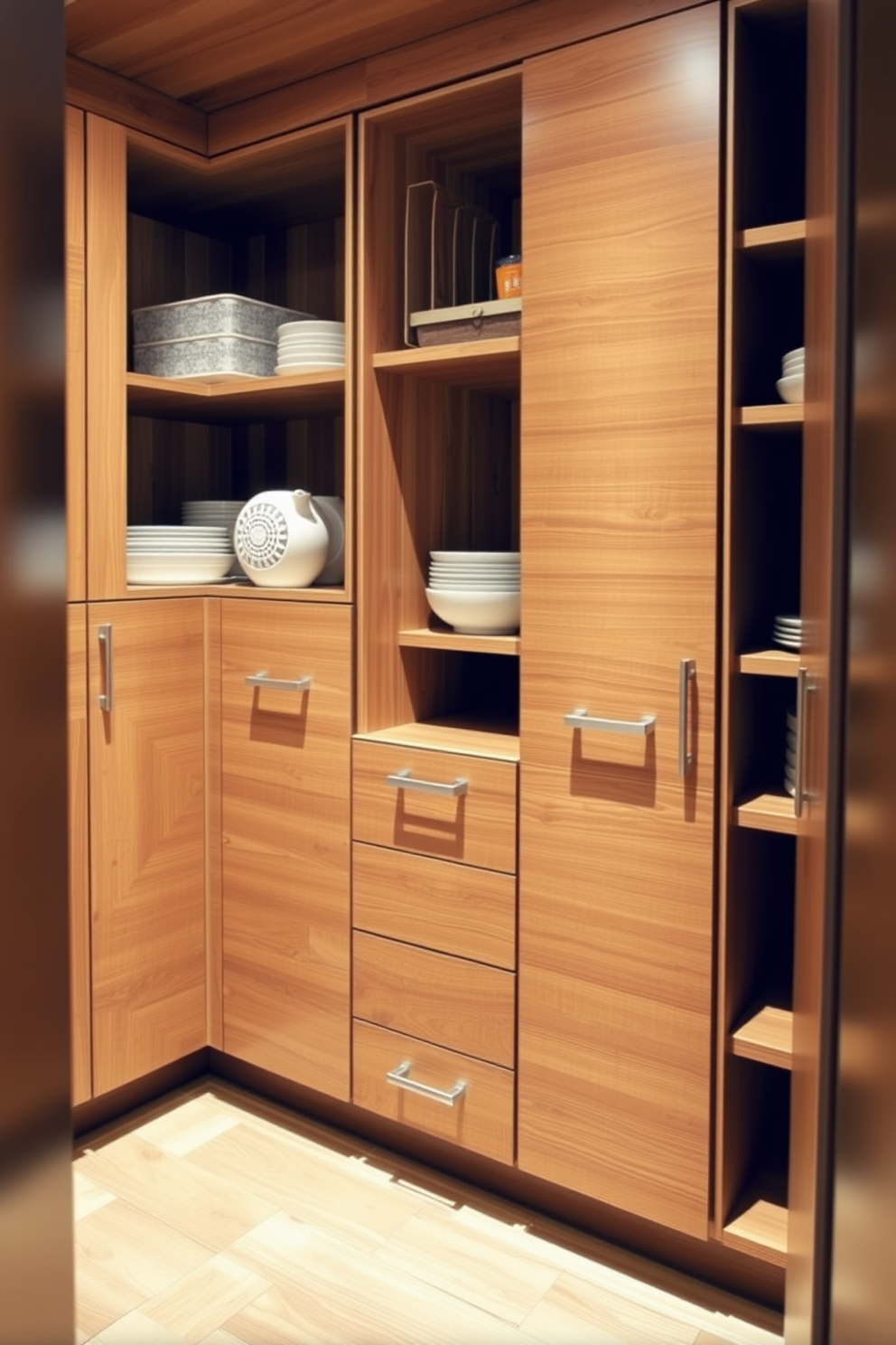 A contemporary pantry design featuring natural wood accents throughout the space. The cabinetry showcases a rich wood finish, complemented by sleek metal handles and open shelving for easy access to kitchen essentials.