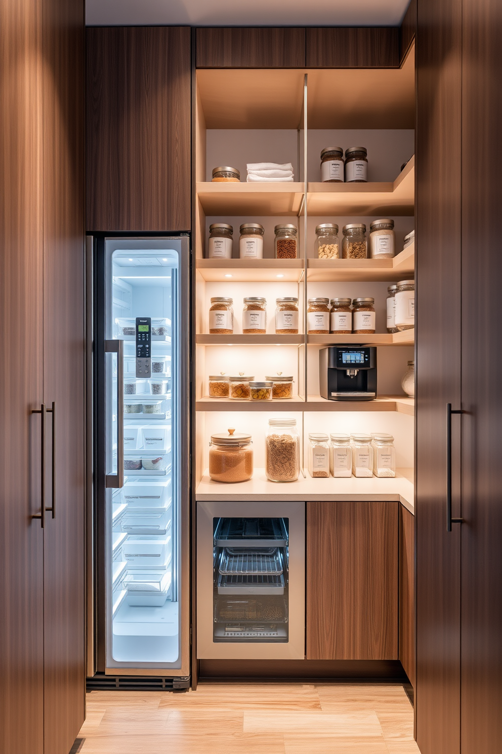 A contemporary pantry featuring smart appliances for modern convenience. The pantry includes a sleek refrigerator with touch controls and a built-in coffee maker seamlessly integrated into the cabinetry. The shelves are lined with organized containers and labeled jars for easy access. Soft LED lighting illuminates the space, highlighting the minimalist design and maximizing functionality.