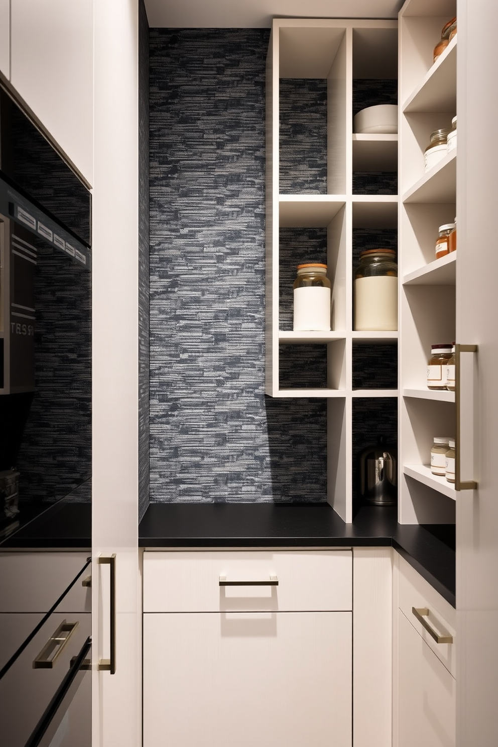 A contemporary pantry featuring textured wallpaper that adds depth and visual interest to the space. The pantry includes sleek cabinetry with minimalist handles and open shelving displaying stylish jars and kitchenware.