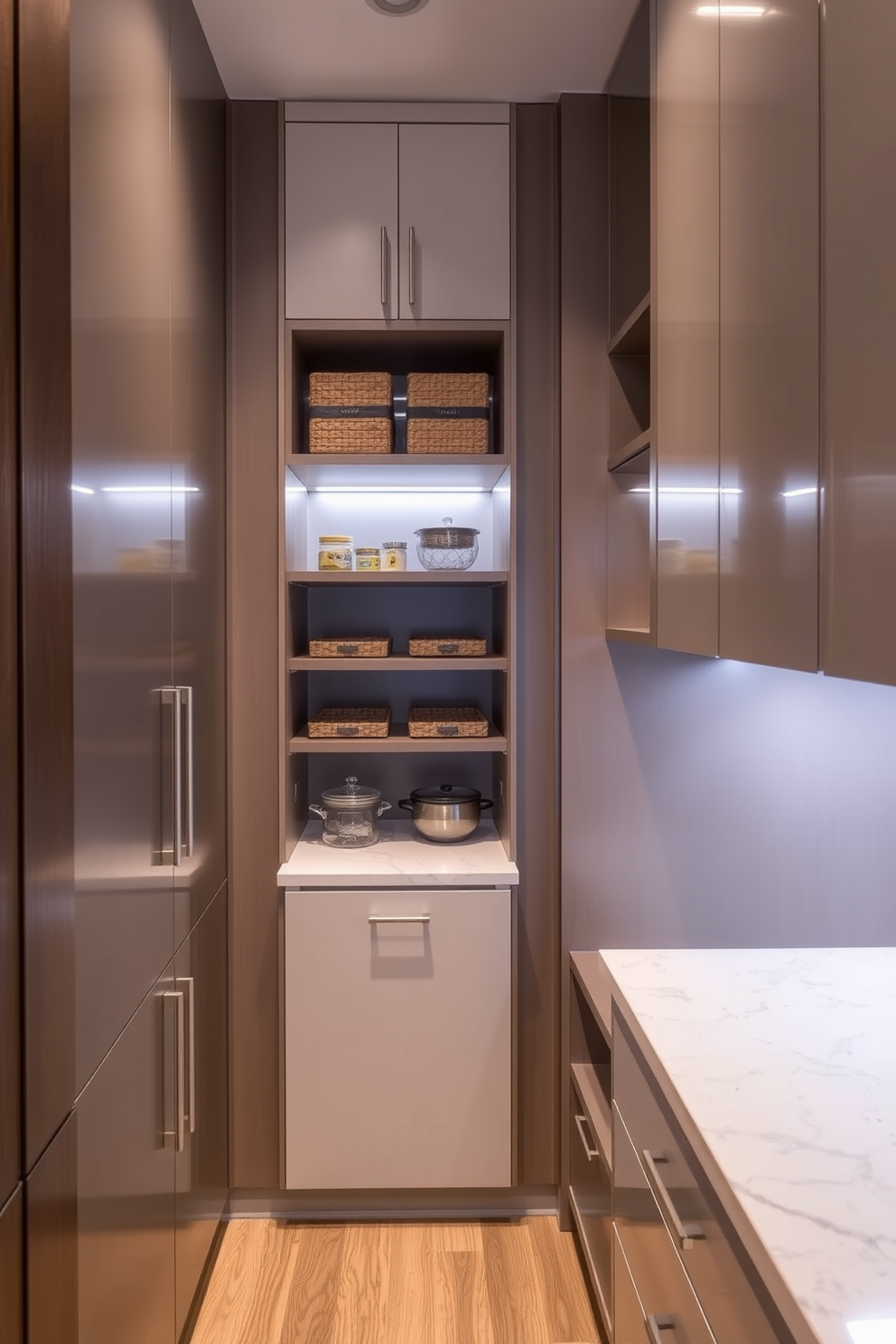 A contemporary pantry features sleek cabinetry with a mix of open and closed storage. Under-cabinet lighting illuminates the countertops, creating a warm and inviting atmosphere.