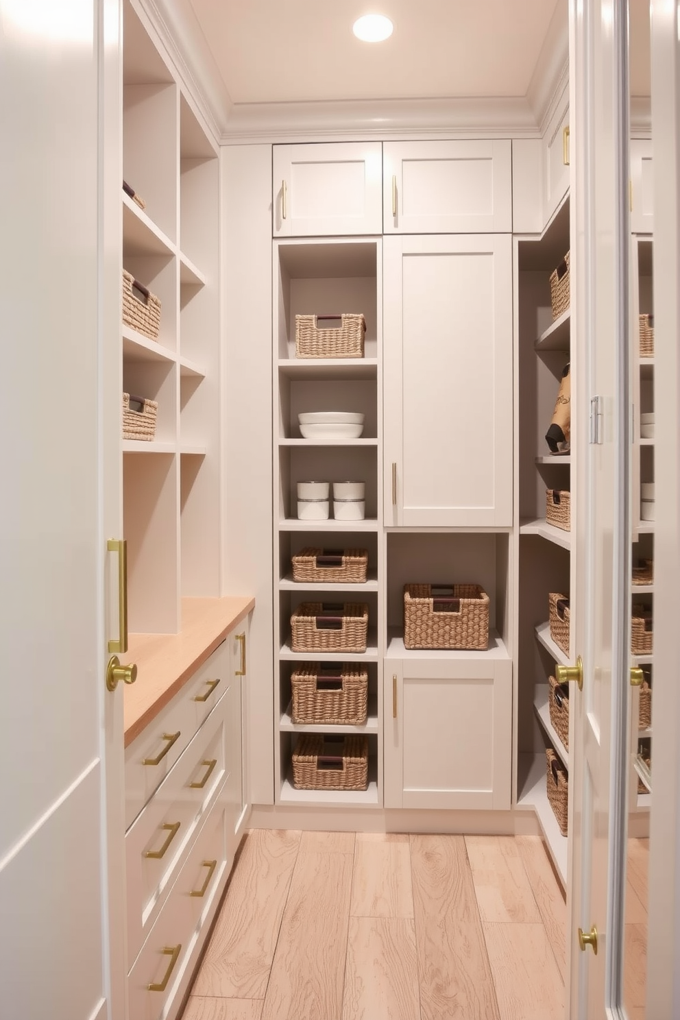 A contemporary pantry featuring sleek cabinetry with a mix of open shelving and decorative baskets for stylish organization. The walls are painted in a soft neutral tone, and the floor is covered with light wood planks, creating a warm and inviting atmosphere.