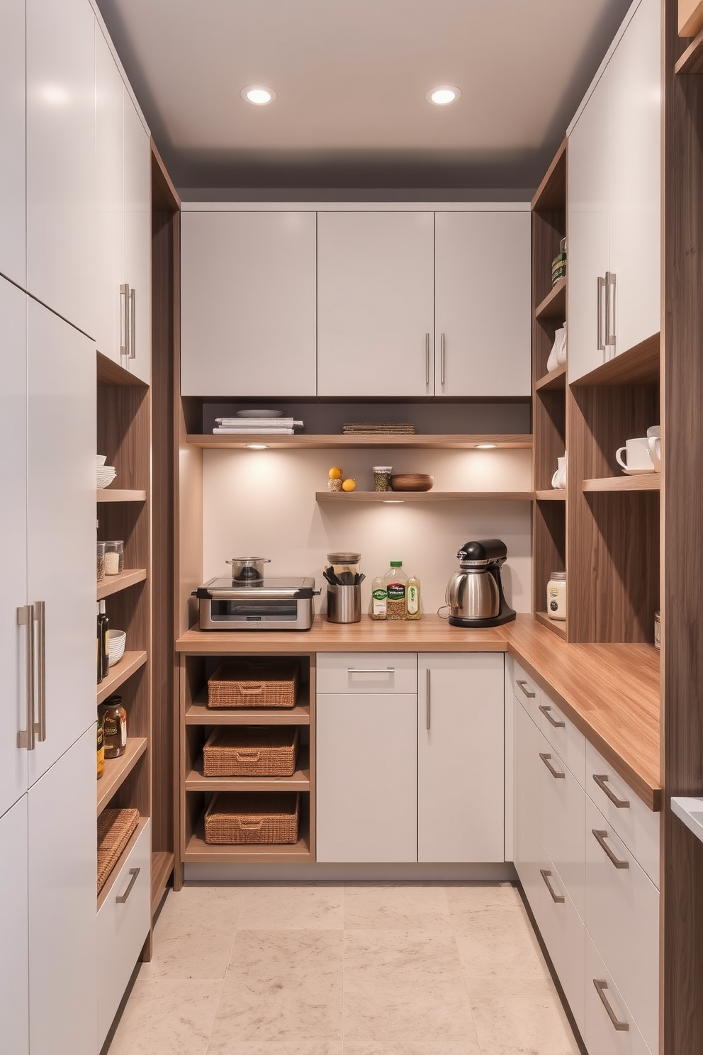 A spacious contemporary pantry featuring sleek cabinetry with a mix of open and closed storage. The countertop is designed for meal prep, showcasing a combination of wood and stone surfaces with ample space for kitchen appliances and ingredients.