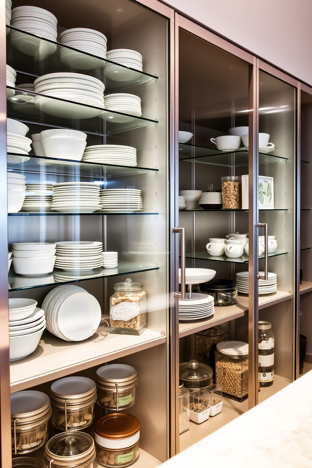 A contemporary pantry featuring glass-front cabinets that showcase neatly arranged dishware and pantry essentials. The cabinets are framed in sleek stainless steel, and the interior is illuminated with soft LED lighting to highlight the contents.