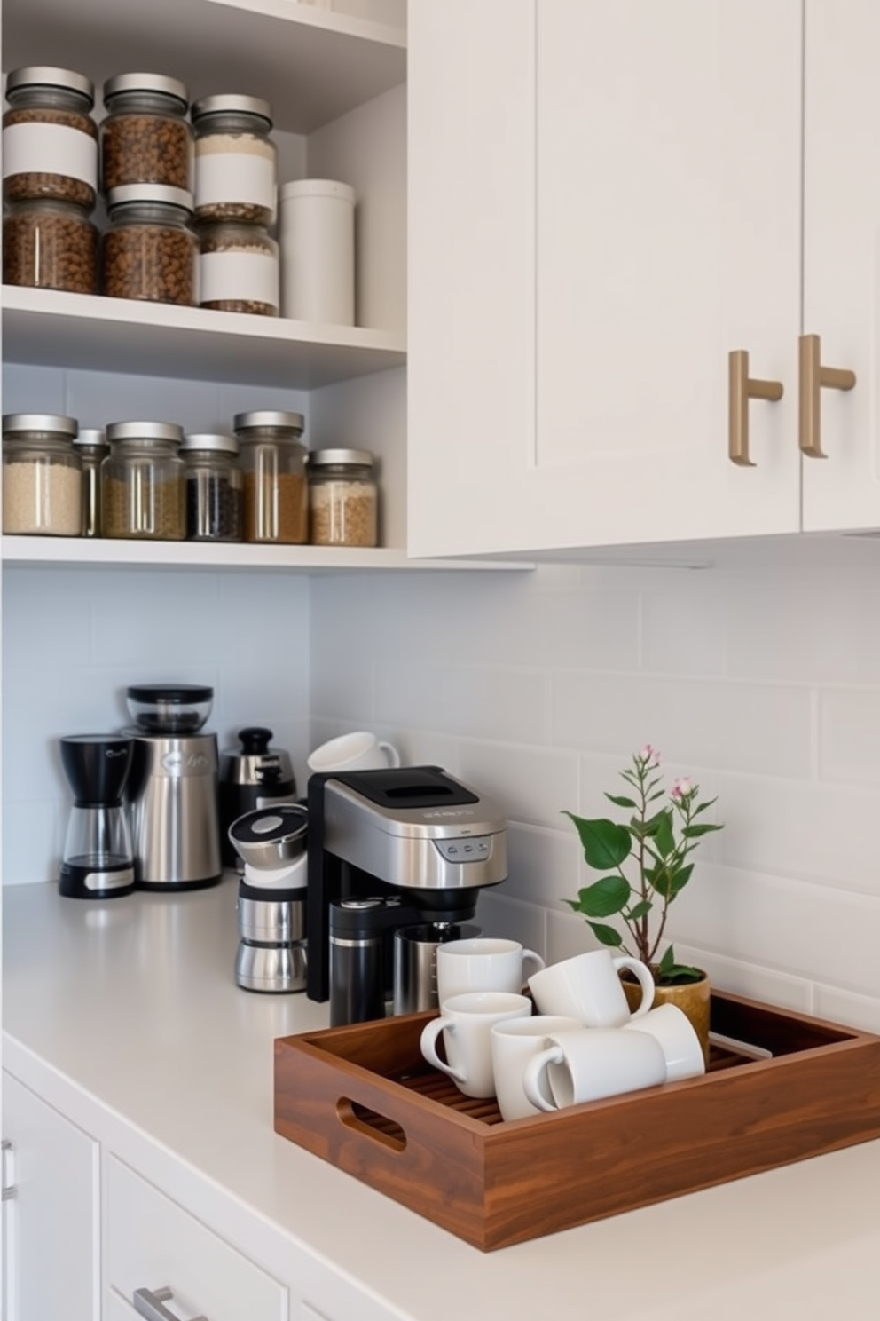 A dedicated coffee station featuring a sleek espresso machine and a variety of coffee accessories. The countertop is adorned with a stylish wooden tray holding coffee mugs and a decorative plant for a touch of greenery. A contemporary pantry design showcasing open shelving filled with neatly organized jars and containers. The cabinetry is finished in a soft white hue, complemented by a chic backsplash that adds a modern flair.