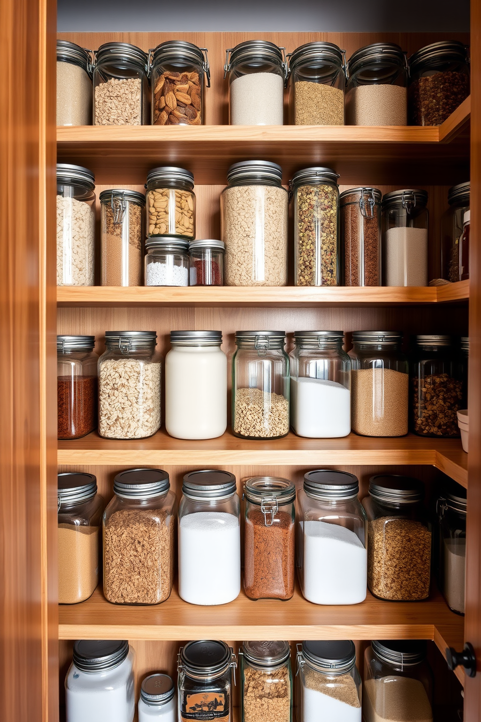 A contemporary pantry featuring glass jars for organization. The jars are neatly arranged on open wooden shelves, showcasing a variety of dry goods and spices.