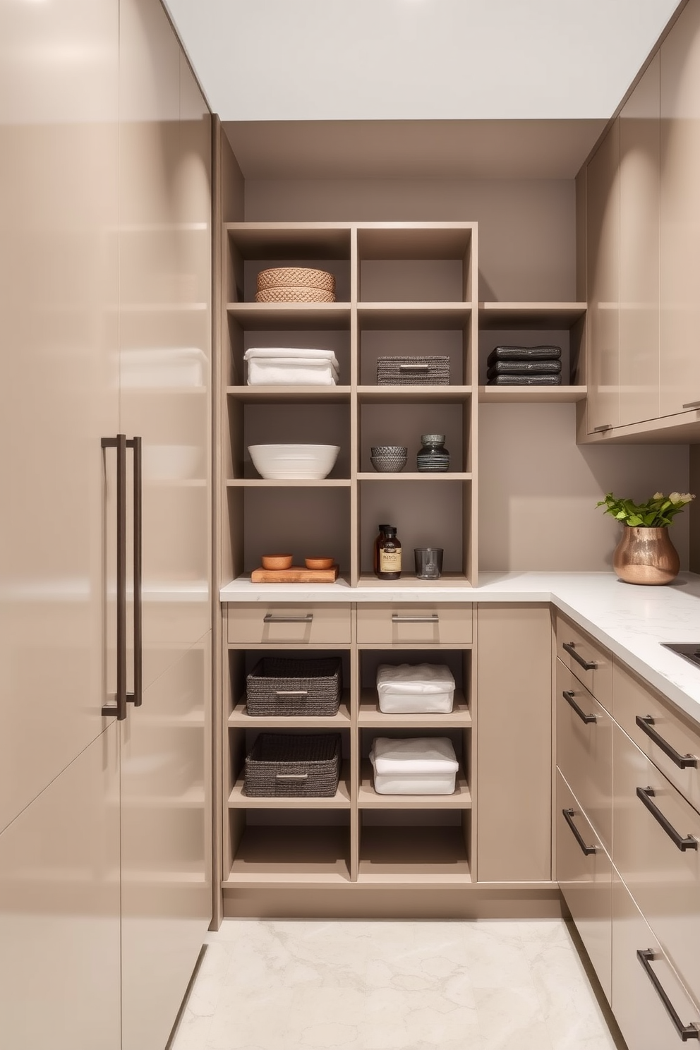 Custom cabinetry tailored to needs. The pantry features sleek, minimalist lines with a neutral color palette, emphasizing functionality and style.