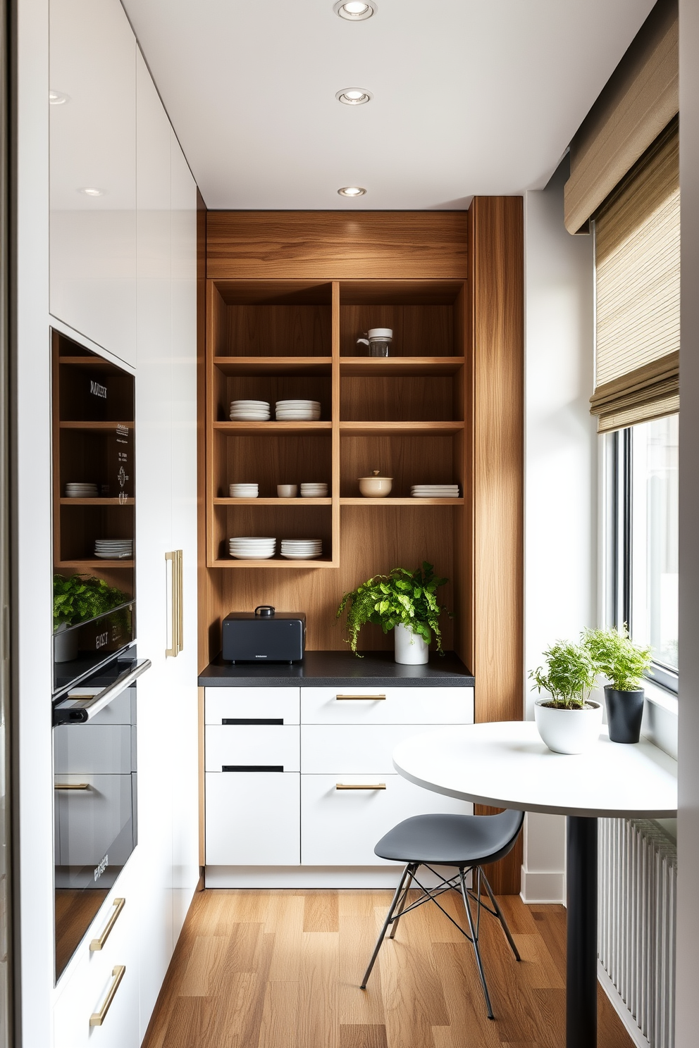 A compact urban pantry design featuring sleek cabinetry with integrated appliances. The color palette includes soft whites and warm wood tones, maximizing storage with open shelving and clever pull-out drawers. Functional yet stylish, the pantry incorporates a small breakfast nook with a round table and minimalist chairs. Natural light floods the space through a window, enhancing the inviting atmosphere with potted herbs on the sill.