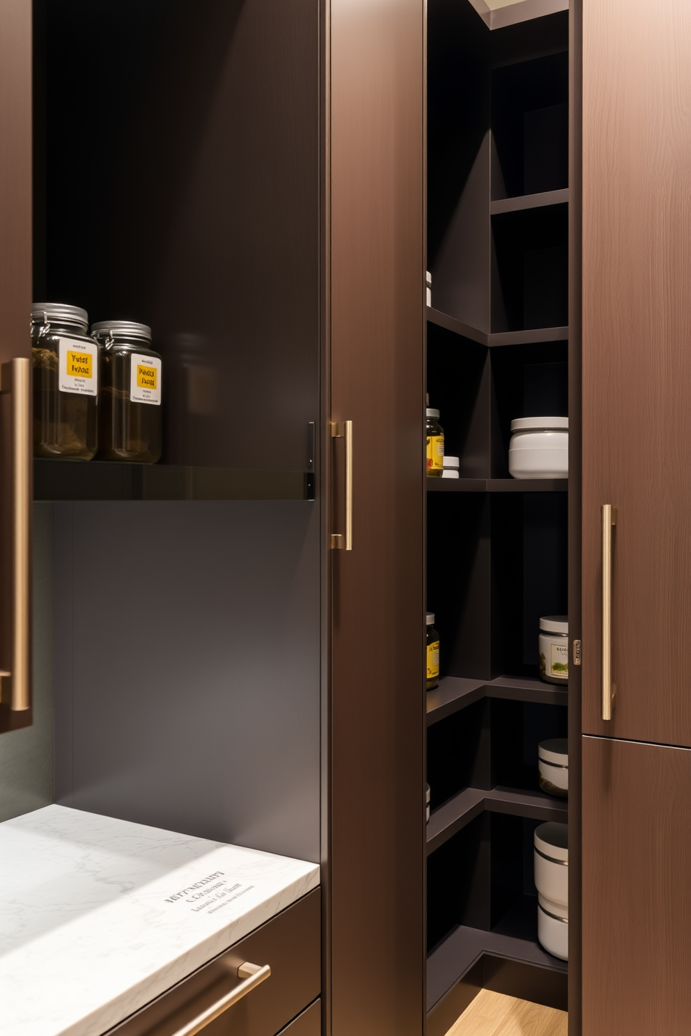 A contemporary pantry featuring sleek cabinetry in a soft gray finish. The space is illuminated by recessed lighting that highlights the clean lines and organized shelving. Open shelving displays neatly arranged jars and kitchen essentials, creating a functional yet stylish atmosphere. A large island in the center provides additional workspace and storage, enhancing the modern aesthetic.