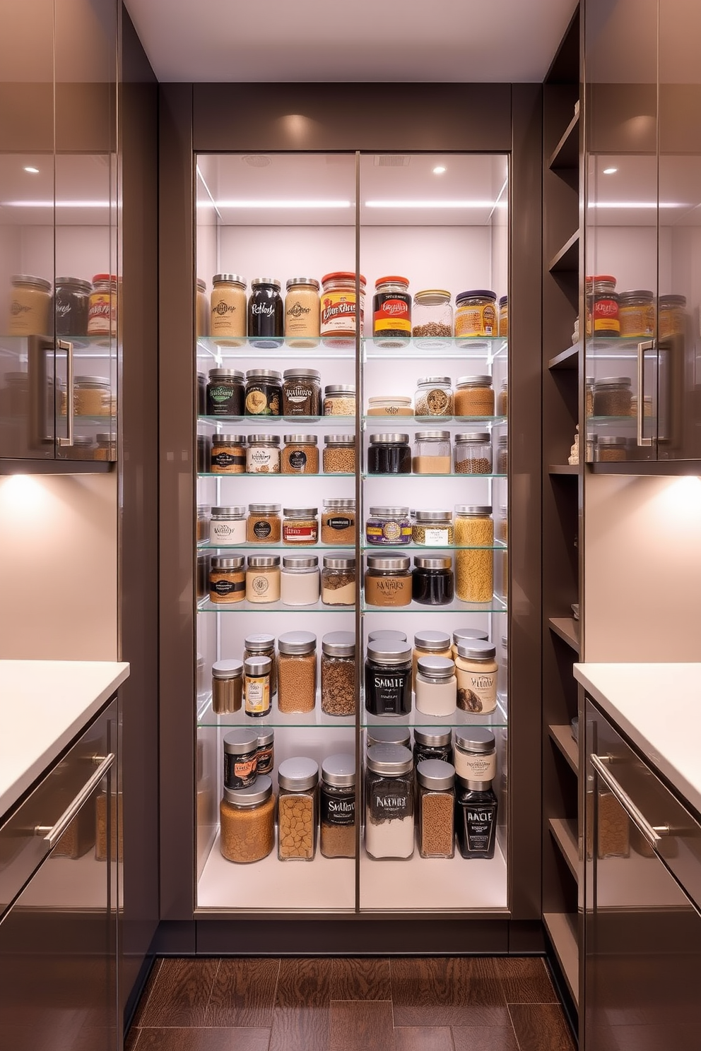 A contemporary pantry design featuring sleek cabinetry with a glossy finish and integrated lighting. The space includes a large mirrored backsplash that reflects the organized shelves filled with neatly arranged jars and containers.