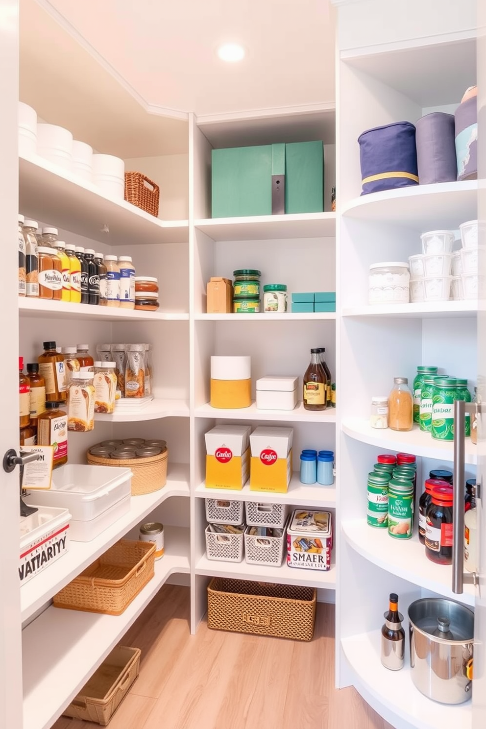 A contemporary pantry featuring color-coordinated items arranged on sleek shelving. The walls are painted in a soft white hue, and the floor is made of light wood, creating a bright and airy atmosphere.