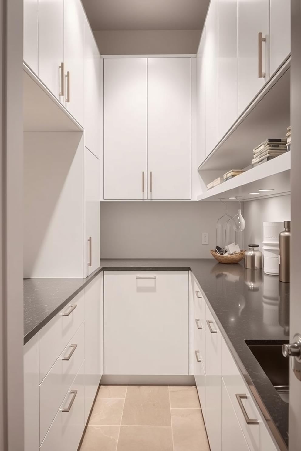 A contemporary pantry featuring vertical dividers for organizing baking sheets and pans. The design includes sleek cabinetry in a soft white finish with brushed nickel handles, providing a clean and modern look. The pantry is illuminated by recessed lighting, highlighting the organized layout. Open shelving above the dividers showcases stylish storage containers and cookbooks, adding both functionality and aesthetic appeal.