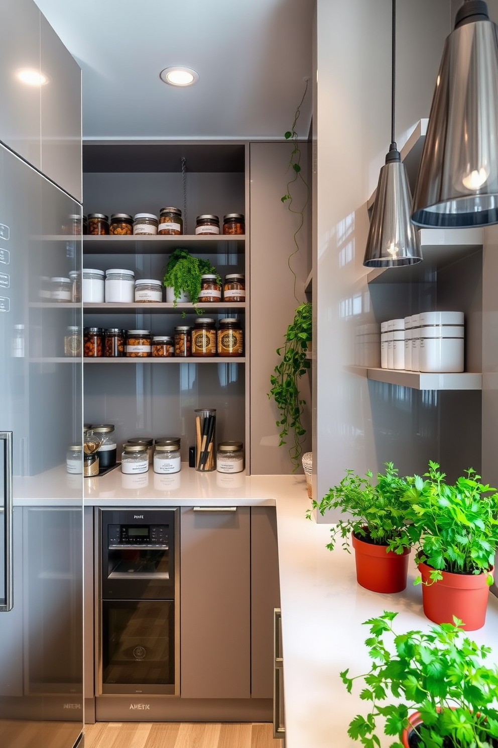 A contemporary pantry design featuring integrated recycling bins for sustainability. The space includes sleek cabinetry with a minimalist aesthetic, and the recycling bins are discreetly built into the cabinetry for easy access.