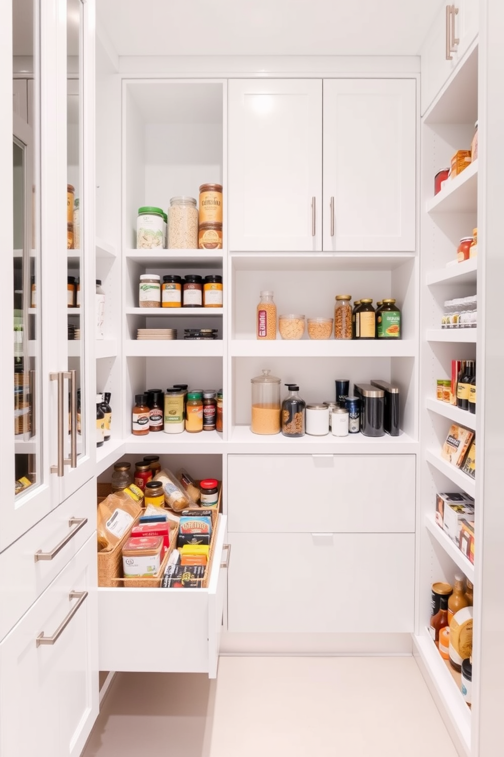 A contemporary pantry design featuring pull-out drawers for organized ingredients. The cabinetry is sleek and minimalist with a clean white finish, complemented by brushed nickel hardware.