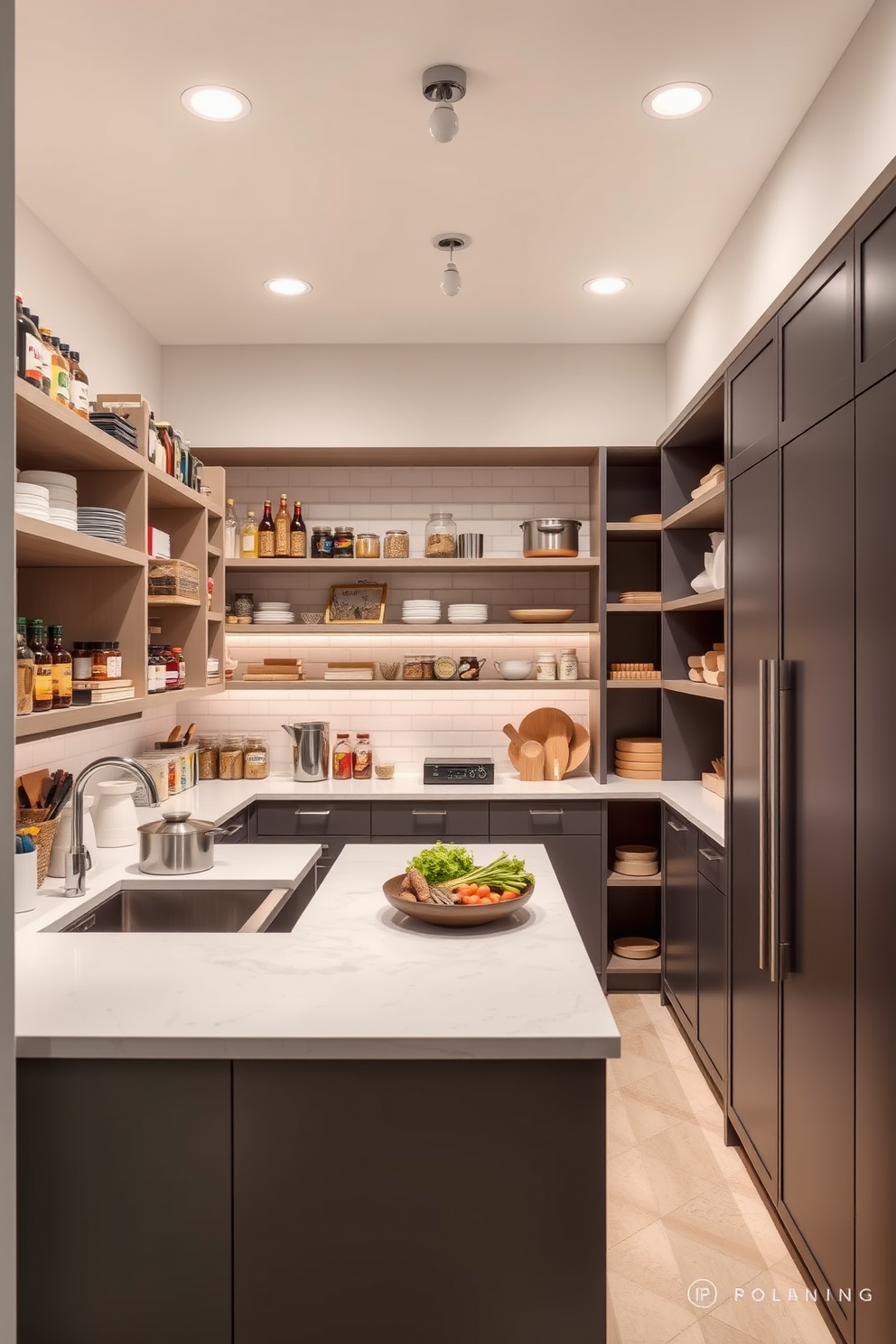 A stylish bar cart is set against a backdrop of sleek cabinetry in a contemporary pantry. The cart features a mix of polished metal and rich wood, adorned with an array of artisanal spirits and elegant glassware. The pantry design includes open shelving displaying colorful jars and fresh ingredients. Soft, ambient lighting highlights the modern finishes and creates an inviting atmosphere for entertaining.