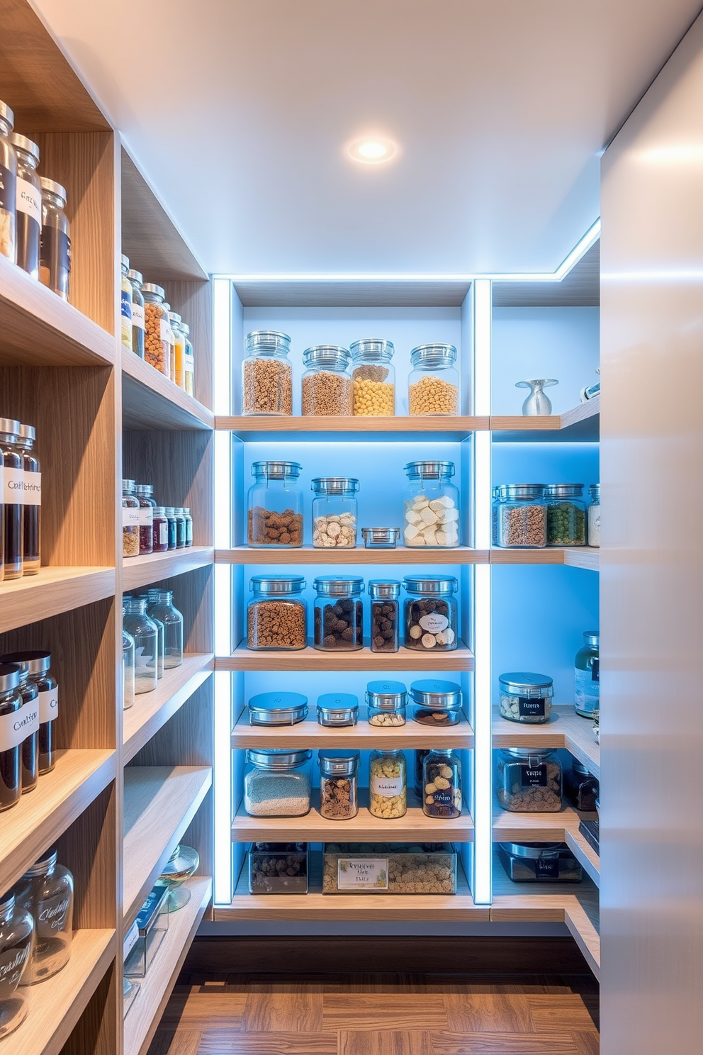 A contemporary pantry featuring ladder-style shelves for vertical storage. The shelves are made of light wood and are filled with neatly organized jars and containers, creating a clean and modern aesthetic.