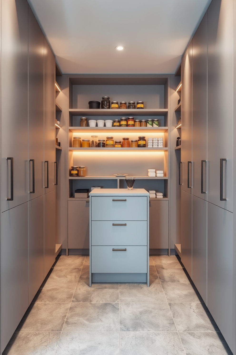 A minimalist pantry design featuring sleek cabinetry with a matte finish and integrated handles. The space is illuminated by warm LED lights, highlighting the organized shelves filled with neatly arranged jars and containers. The floor is adorned with large-format tiles in a soft gray tone, creating a seamless look. A small, functional island in the center offers additional storage and a spot for meal prep.