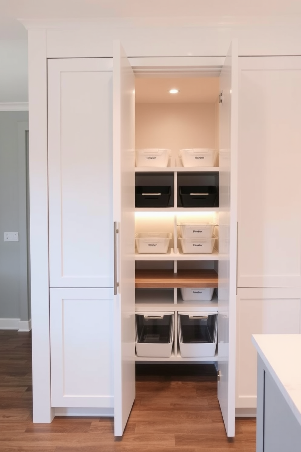 A hidden pantry is cleverly concealed behind sleek cabinet doors, offering a seamless look in the kitchen. The interior features open shelving, organized storage bins, and a soft ambient light that enhances the modern aesthetic. The cabinetry is finished in a matte white, complemented by brushed nickel hardware for a touch of elegance. A small countertop area is included for meal prep, while the overall design maximizes space efficiency and functionality.