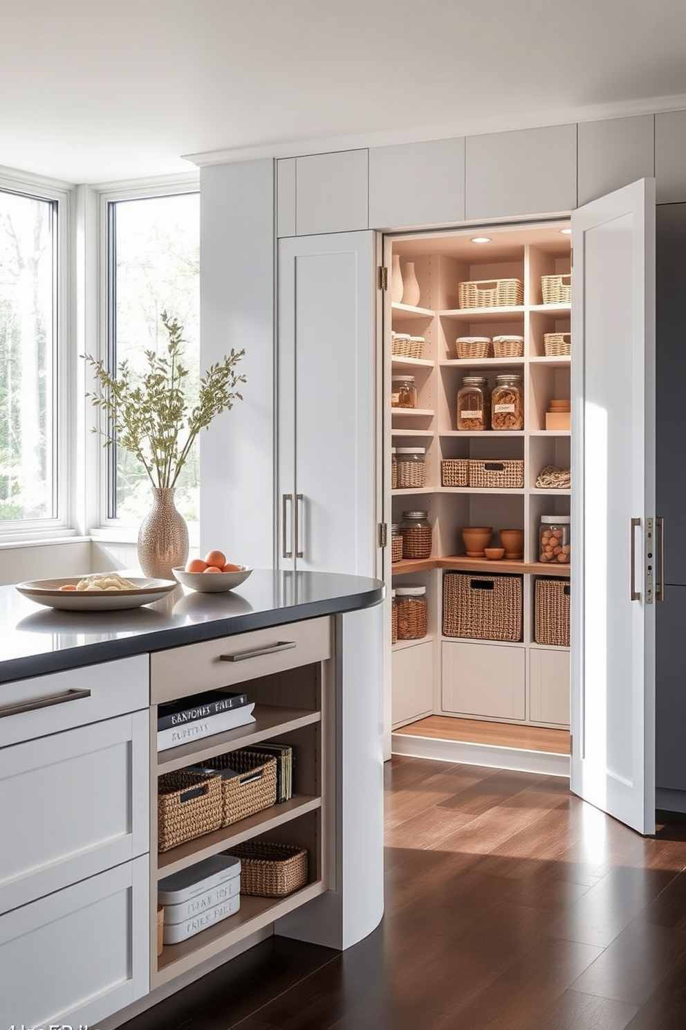 A multi-functional island features ample pantry space and integrates seamlessly into the kitchen design. The island includes storage cabinets and open shelving, providing easy access to kitchen essentials and decorative items. The contemporary pantry design utilizes sleek cabinetry and minimalist hardware for a clean aesthetic. Natural light floods the space through a window, highlighting the organized shelves filled with jars and baskets.