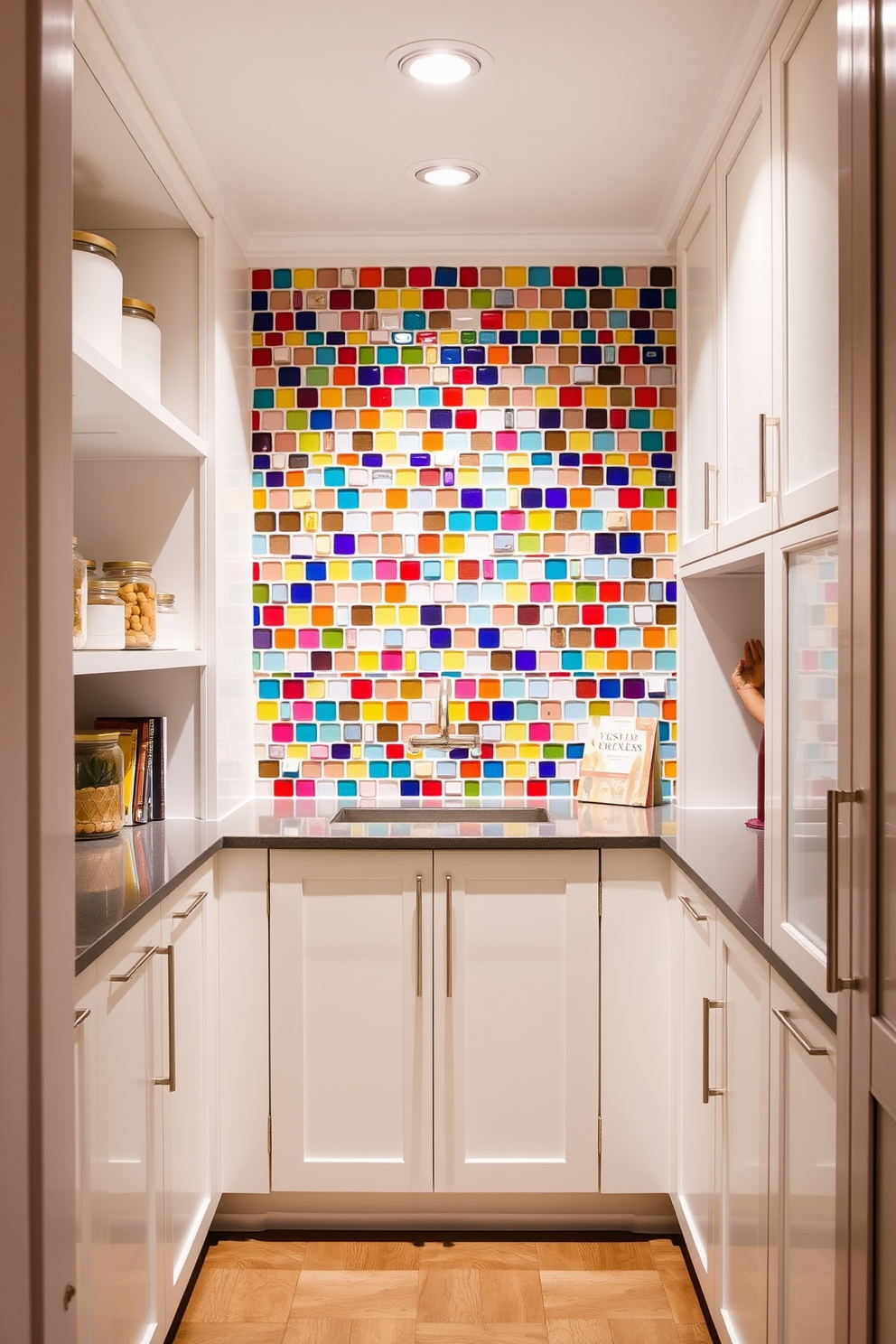 A vibrant pantry featuring a colorful backsplash that adds a pop of visual interest. The backsplash showcases a mosaic of bright tiles in various shapes and sizes, creating a playful yet elegant atmosphere. The pantry is designed with sleek, modern cabinetry in a soft white finish, complemented by open shelving displaying decorative jars and cookbooks. Ample lighting highlights the colorful backsplash, enhancing the overall aesthetic of the space.