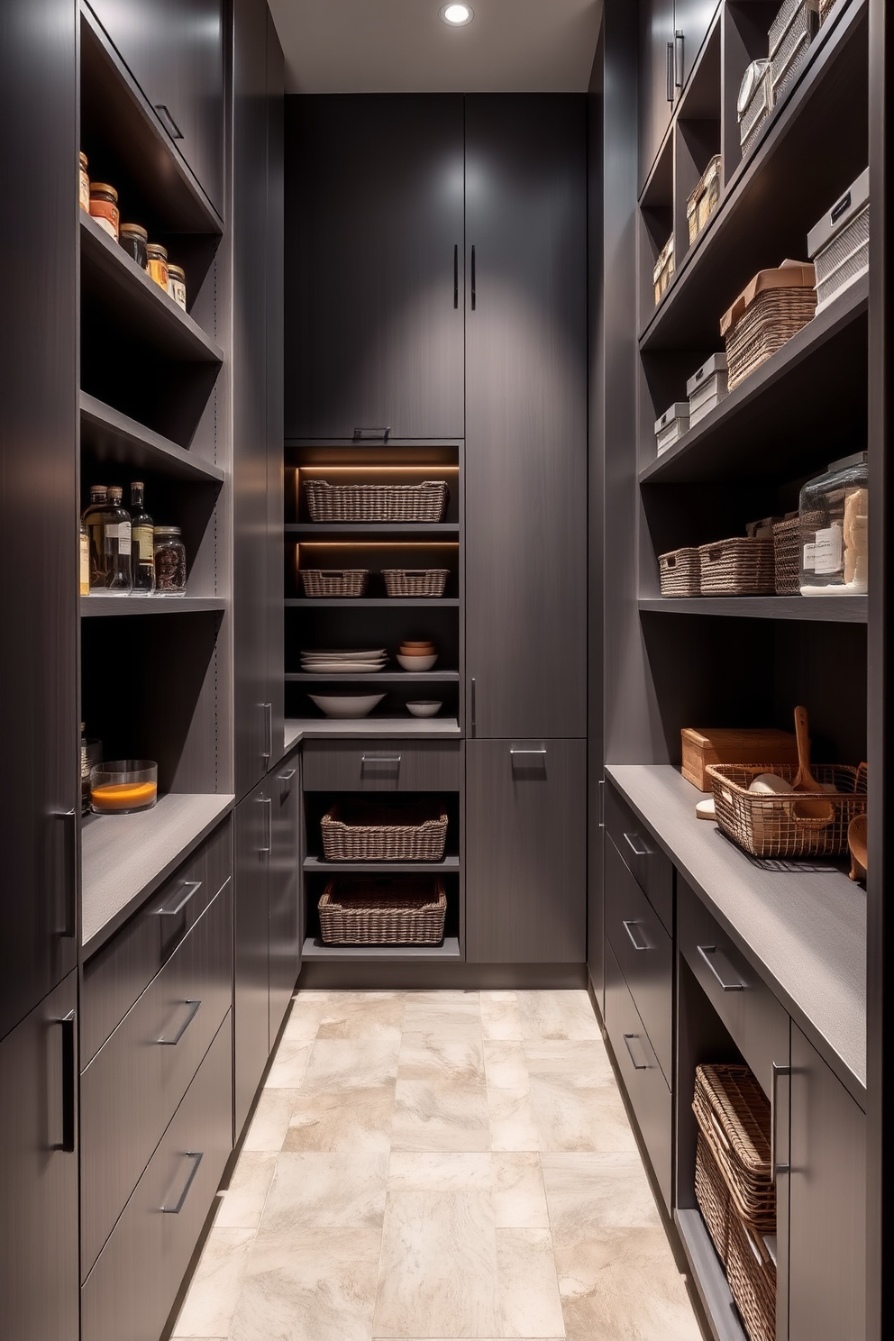 A contemporary pantry designed for small spaces featuring vertical storage solutions. Shelving units extend from floor to ceiling, maximizing storage while keeping the area organized and visually appealing. The pantry includes pull-out drawers and baskets for easy access to ingredients. Soft, ambient lighting highlights the sleek cabinetry and enhances the overall functionality of the space.