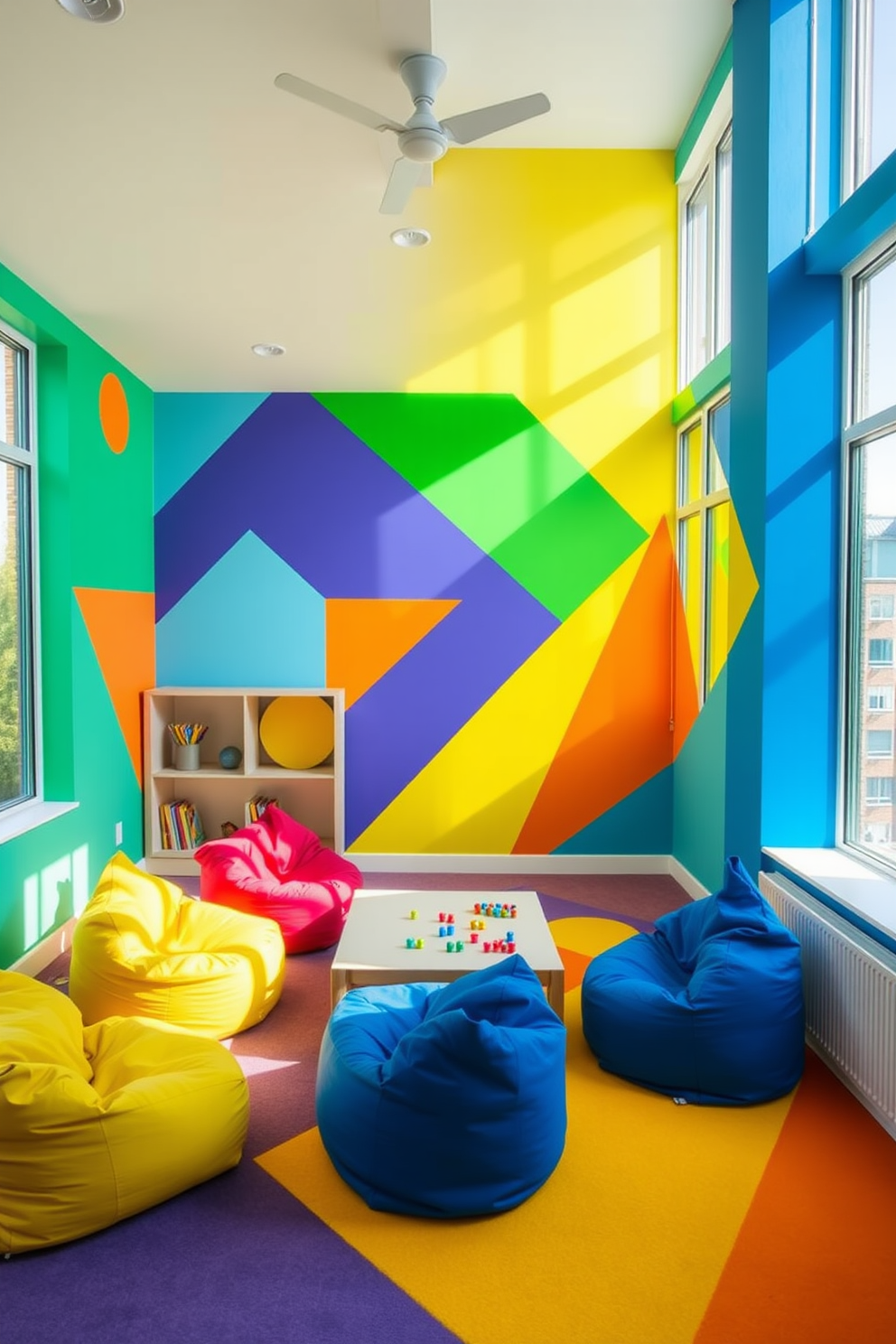 Bright geometric wall art adds a vibrant touch to the contemporary playroom. The walls feature bold colors and dynamic shapes that stimulate creativity and playfulness. The room is furnished with modern, multifunctional furniture that promotes both comfort and activity. Soft rugs and playful cushions create a cozy area for relaxation and imaginative play.