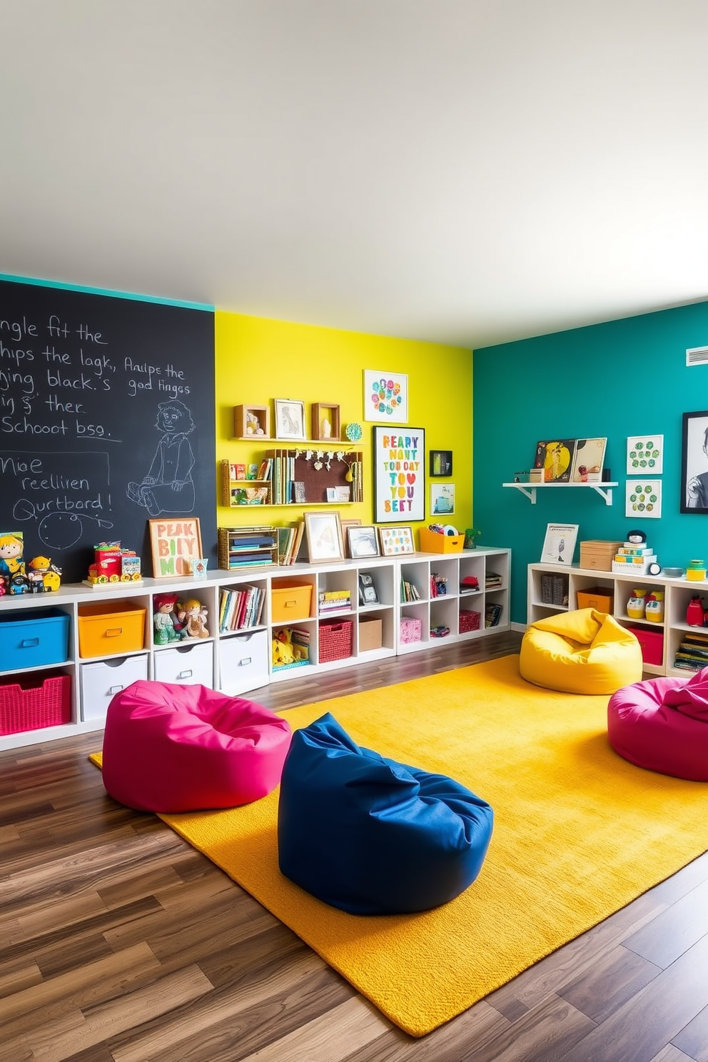 A vibrant playroom features colorful rugs that delineate distinct play areas, creating a fun and inviting atmosphere. The walls are adorned with playful artwork, and soft seating options are scattered throughout for comfort and creativity.