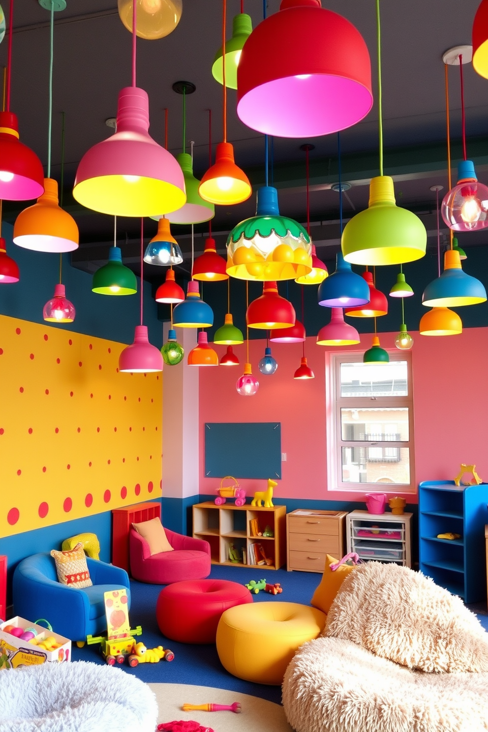 A vibrant playroom filled with whimsical lighting fixtures that create a playful ambiance. Colorful pendant lights in various shapes hang from the ceiling, casting a warm glow over the space. The walls are painted in bright, cheerful colors, with playful patterns that inspire creativity. Soft, plush seating arrangements and a variety of toys are scattered throughout, encouraging imaginative play.