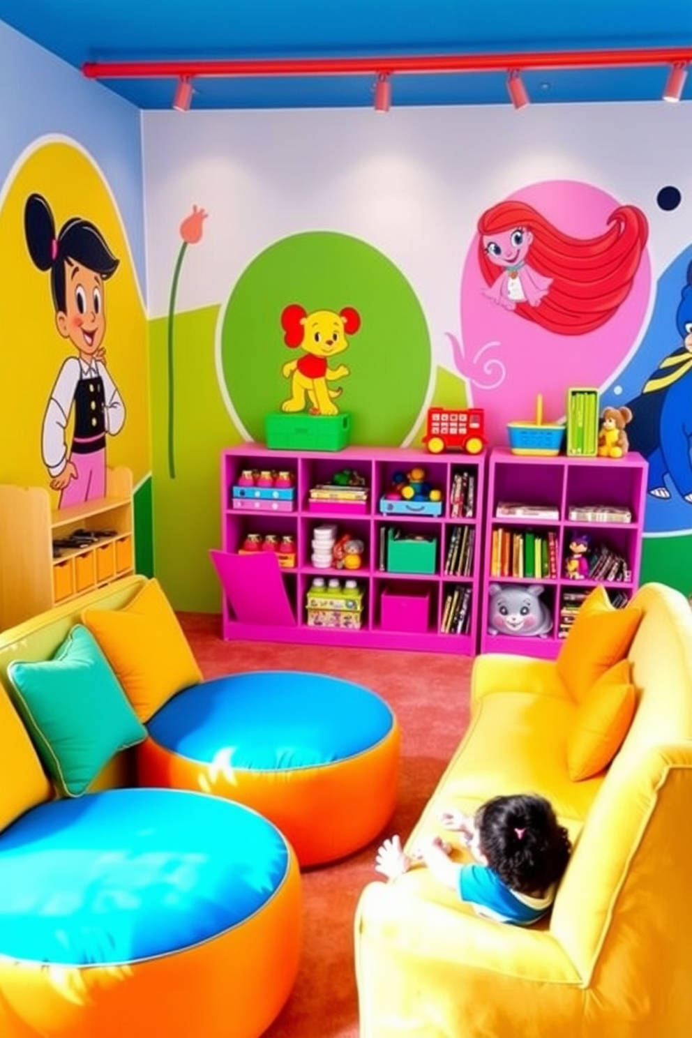 A vibrant playroom inspired by beloved characters. The walls are adorned with colorful murals featuring playful designs of the characters, creating an engaging atmosphere for children. Soft, plush seating arrangements in bright colors invite comfort and creativity. Shelves are filled with toys and books, organized in a way that makes them easily accessible for little hands.