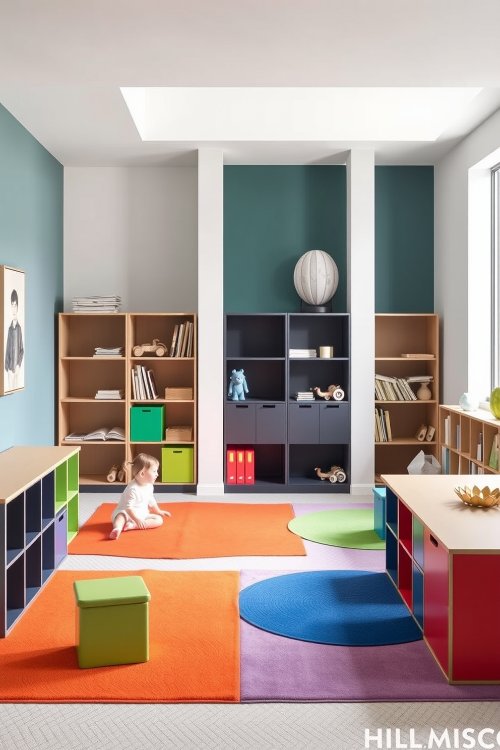 A contemporary playroom features adjustable lighting that can be customized for various moods. The space includes colorful furniture and playful decor, creating an inviting atmosphere for children. Soft, ambient lights illuminate the room during quiet playtime, while brighter, dynamic lighting enhances energy during active games. Wall-mounted shelves display toys and books, while a cozy reading nook invites relaxation.