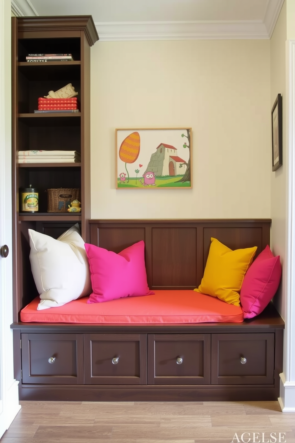 Custom built-in benches with storage are designed to maximize space and provide a functional yet stylish seating area. The benches feature soft cushions in bright, playful colors, and the surrounding walls are adorned with whimsical artwork to create an inviting atmosphere.