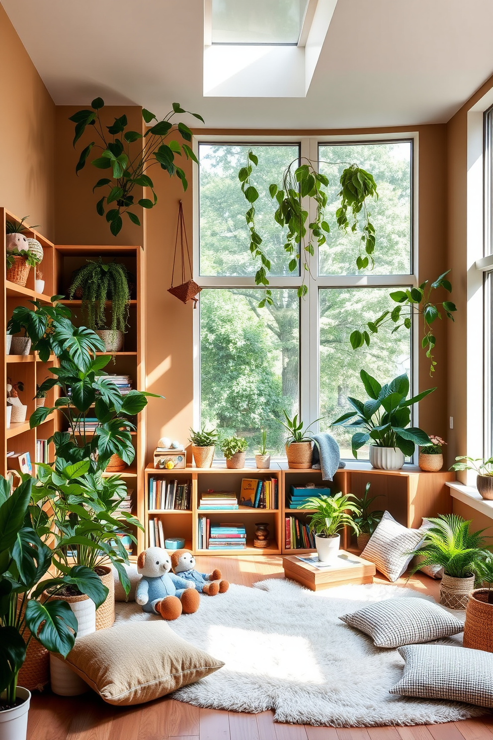 A contemporary playroom filled with nature-inspired elements. Large windows let in natural light, showcasing a variety of indoor plants that bring life to the space. The walls are painted in soft earth tones, complemented by wooden shelving filled with toys and books. A cozy reading nook features a plush rug and cushions, inviting children to explore their creativity.