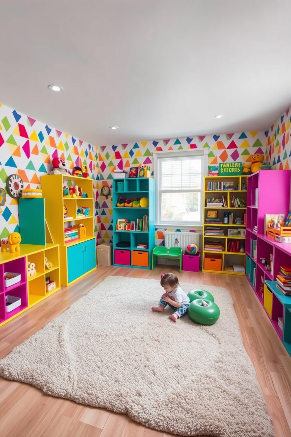 A vibrant playroom filled with creativity and fun. The walls are adorned with playful wallpaper featuring colorful geometric patterns that stimulate imagination. In the center of the room, a large soft area rug provides a cozy space for play. Brightly colored shelves are filled with toys and books, creating an inviting atmosphere for children to explore and learn.