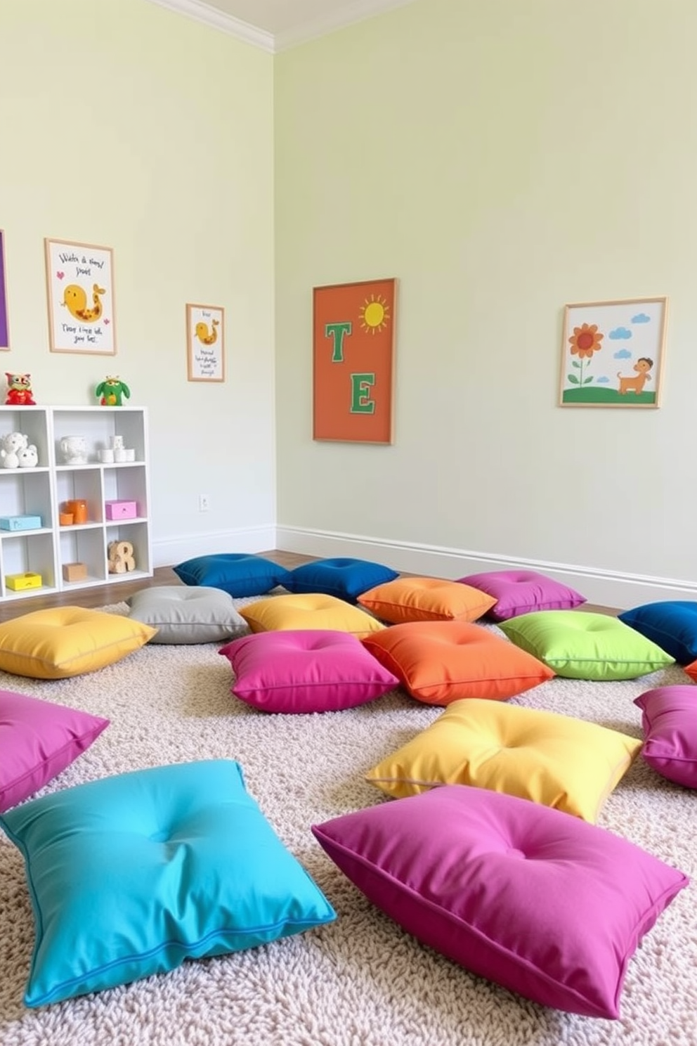 A vibrant playroom filled with colorful floor cushions scattered across a soft, textured rug. The walls are painted in a cheerful pastel hue, and playful artwork adorns the space, creating an inviting atmosphere for children to relax and play.