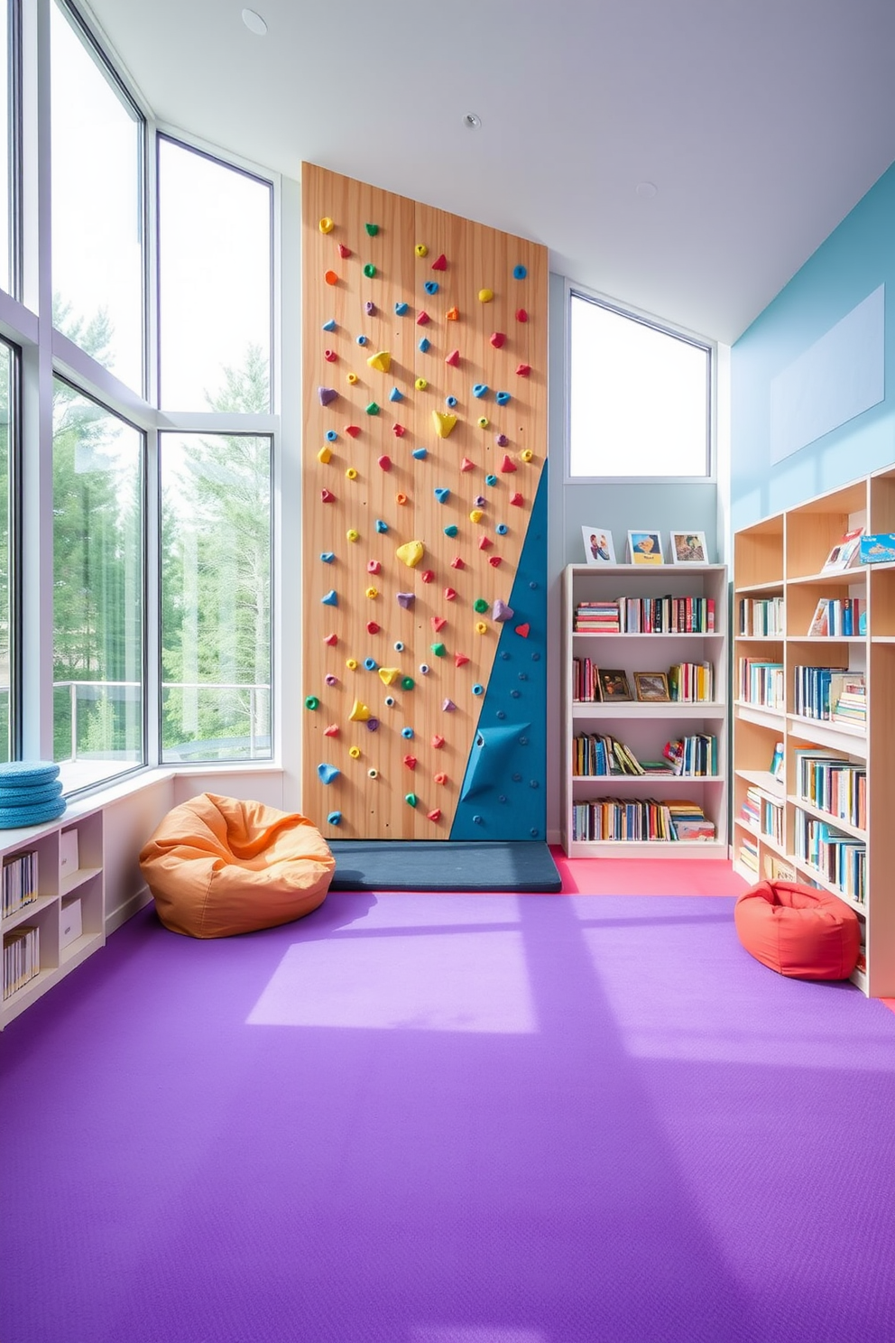 A contemporary playroom features a small indoor climbing wall designed with safety in mind. The climbing wall is adorned with colorful holds and is complemented by soft padded flooring in vibrant hues. The space includes a cozy reading nook with bean bags and shelves filled with books. Large windows allow natural light to flood the room, creating an inviting atmosphere for play and creativity.