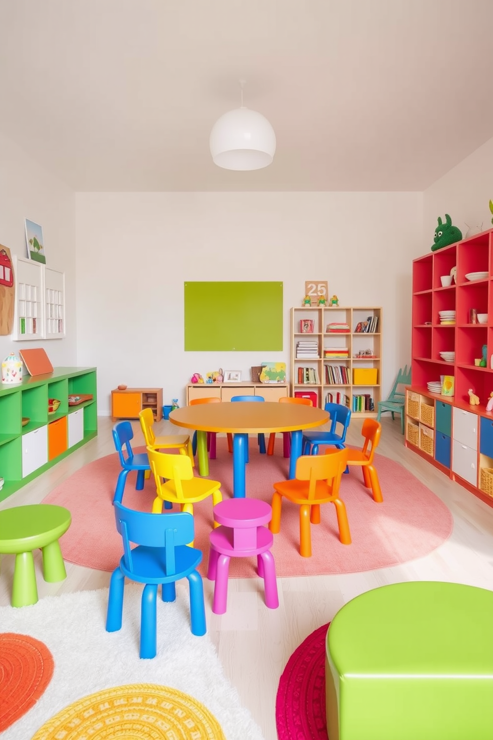 Brightly colored furniture fills the room, creating an energetic and inviting atmosphere. The walls are adorned with playful artwork, and soft rugs provide comfort for playtime activities. A large, multi-functional table serves as a central feature, surrounded by vibrant chairs in various shapes and sizes. Shelves are stocked with toys and books, encouraging creativity and exploration in this contemporary playroom design.