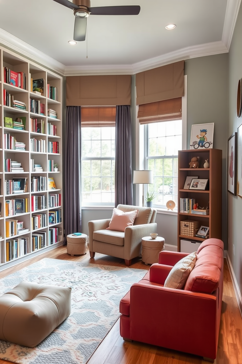 Cozy reading nook with stylish shelving. A plush armchair is positioned next to a large window, surrounded by floor-to-ceiling bookshelves filled with colorful books and decorative items. Contemporary playroom design ideas. The space features a soft area rug, playful wall art, and modular furniture that allows for flexible arrangements and creative play.