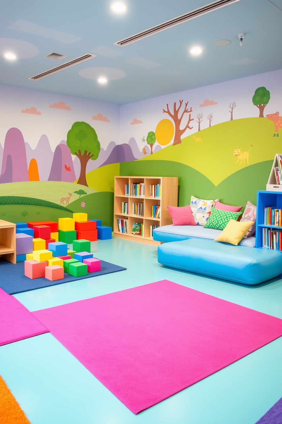 A vibrant playroom filled with fun and functional play tables and chairs designed for children. The space features colorful furniture with rounded edges, ensuring safety while encouraging creativity and play. Brightly colored rugs define different activity zones, while wall-mounted shelves display toys and books for easy access. Large windows allow natural light to flood the room, creating an inviting atmosphere for imaginative play.