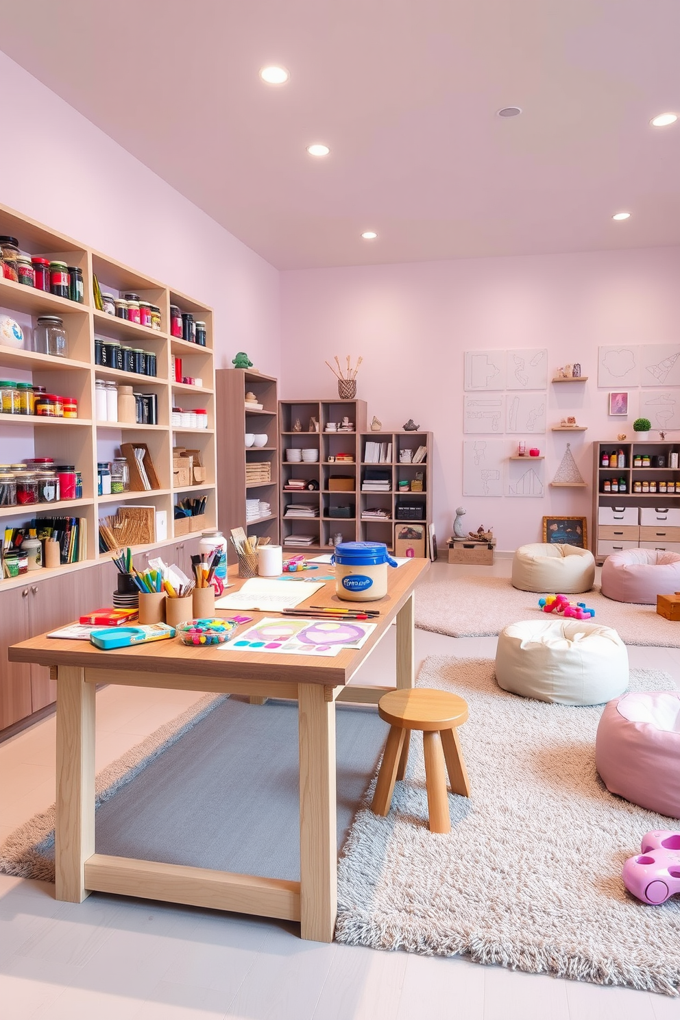 A vibrant DIY craft station with a large wooden table covered in colorful art supplies. Shelves filled with jars of paint, brushes, and various crafting materials line the walls, creating an inspiring atmosphere for creativity. A contemporary playroom featuring soft pastel colors with comfortable bean bags and a plush rug. Interactive wall panels and a variety of toys are strategically placed to encourage imaginative play while maintaining a sleek, modern aesthetic.