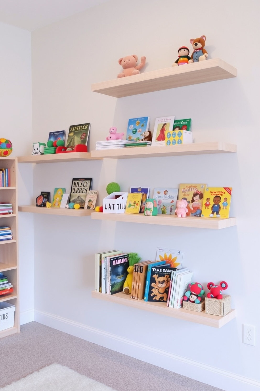 A contemporary playroom features floating shelves mounted on the walls for displaying an array of colorful toys and books. The shelves are crafted from light wood, creating an airy feel, while the walls are painted in a soft pastel hue to enhance the playful atmosphere.