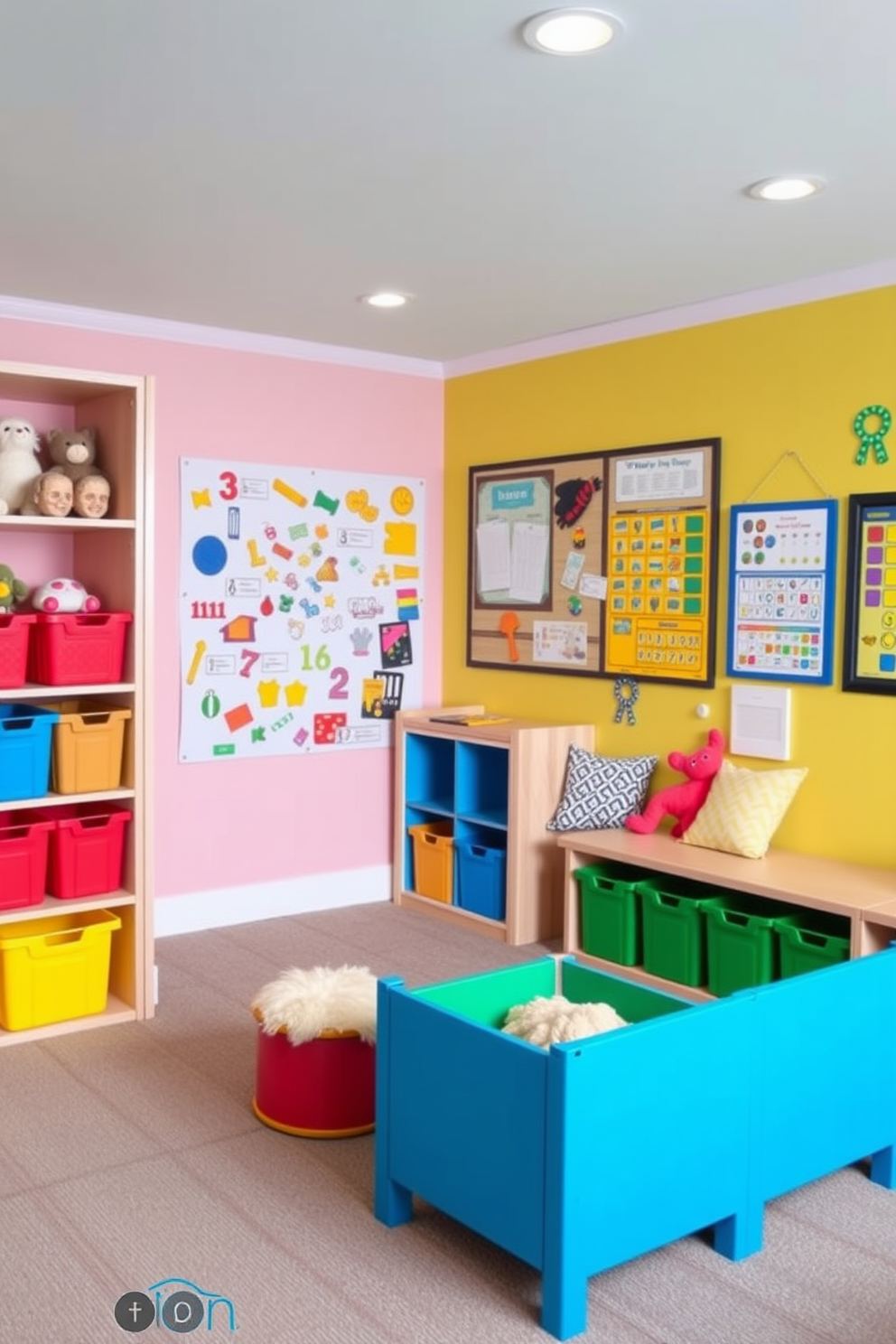 A contemporary playroom featuring a small stage for performances is designed with vibrant colors and playful furnishings. Soft seating areas with bean bags and oversized cushions surround the stage, creating an inviting atmosphere for children to engage in creative activities. The walls are adorned with whimsical artwork and chalkboards for drawing, while the floor is covered with a durable, colorful carpet. Brightly colored storage units hold toys and games, ensuring the space remains organized and functional for playtime.