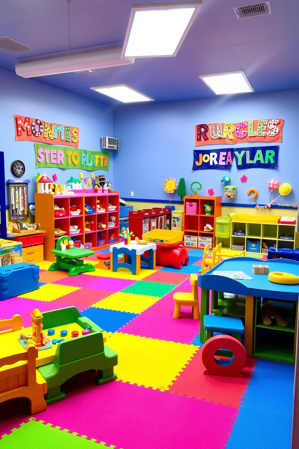 A vibrant playroom filled with colorful decor and playful elements. The walls are adorned with personalized name banners that reflect the interests of each child, creating a unique and inviting atmosphere. The flooring features soft, cushioned mats in bright colors for comfort and safety. A variety of engaging toys and activity stations are strategically placed throughout the space to inspire creativity and fun.